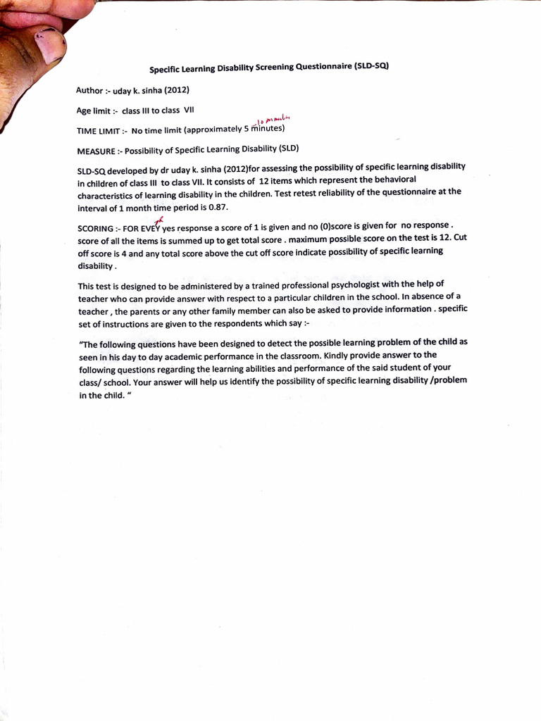 Specific Learning Disability Screening Tool | PDF | Learning Disability ...