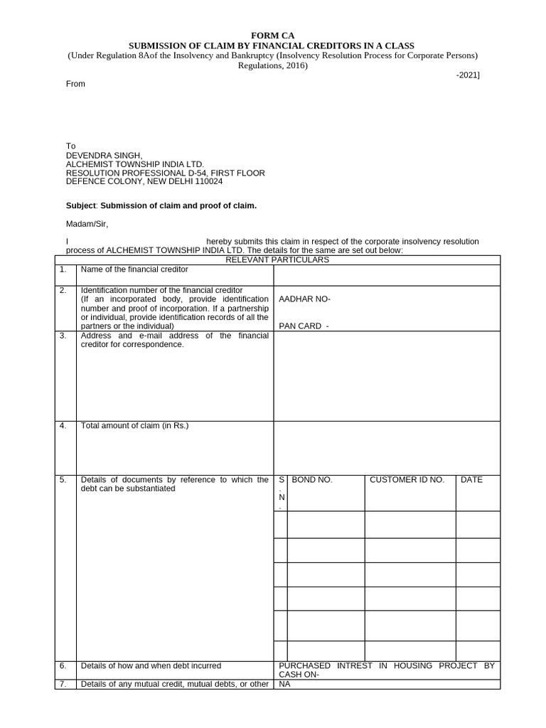 Claim Submission for Financial Creditors | PDF | Bankruptcy | Debt