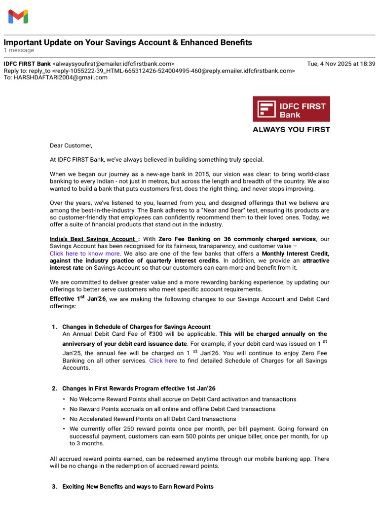IDFC FIRST Bank Savings Account Updates | PDF | Cheque | Banks