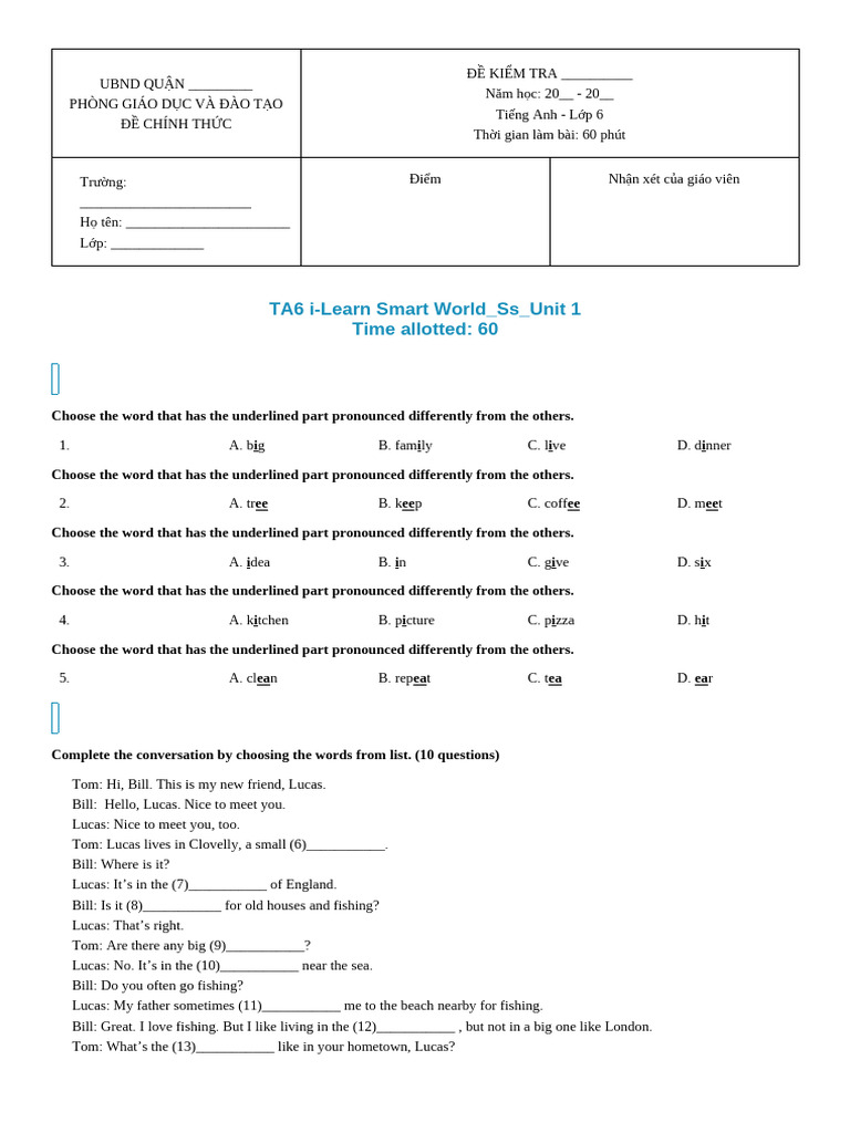 English Test for 6th Grade Students | PDF | Home