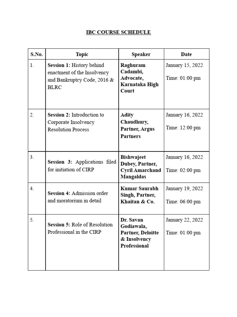 Ibc Course Final Schedule | PDF | Insolvency | Personal Finance