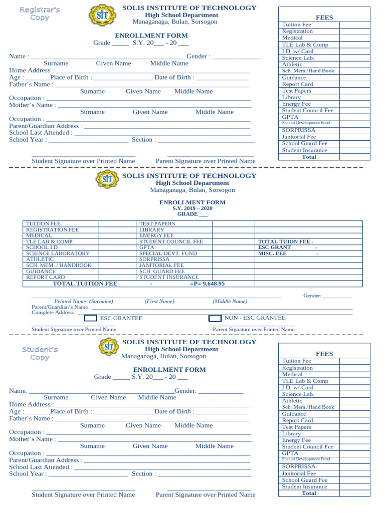 Enrolment Form For Grade 7 - 9, Sy 2019-2020 | PDF | Social Institutions