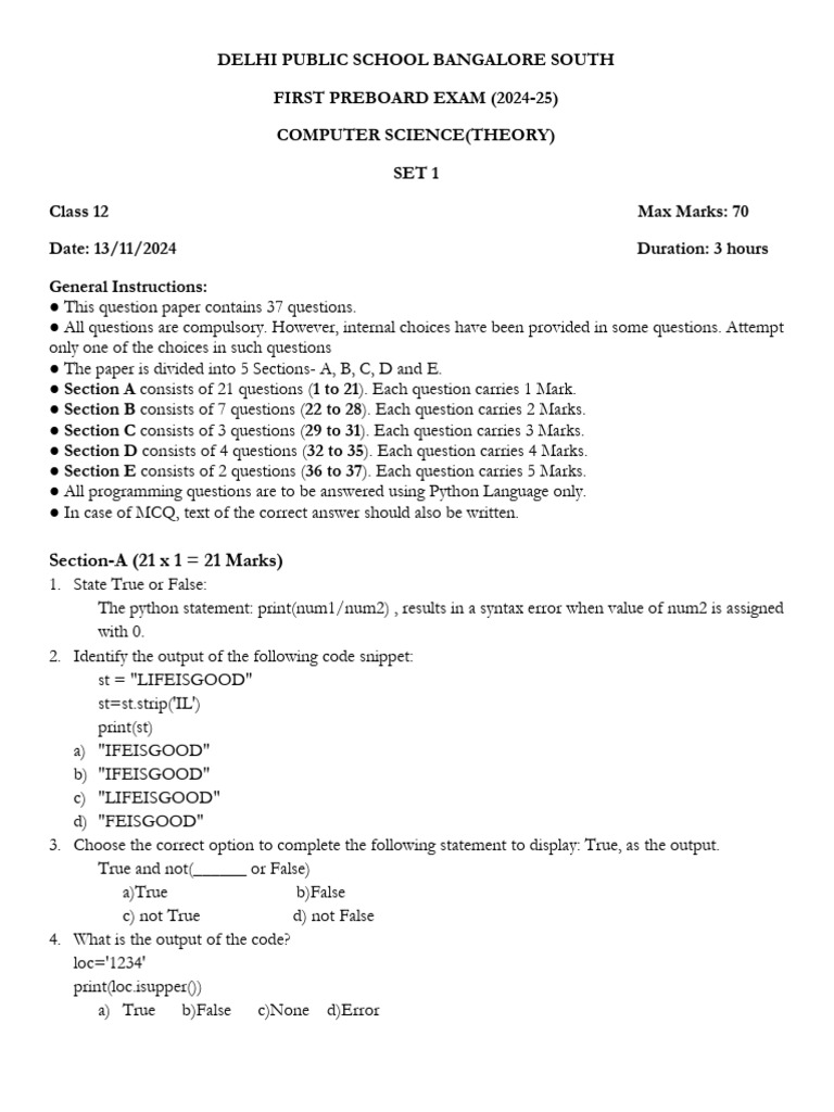 2024-25-COMPUTERS - 1st Preboard Set 1,2 Q paper+ANS | PDF | File ...