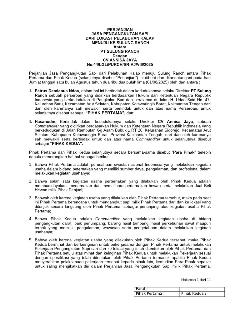 Perjanjian Jasa Angkut Sapi Sulung Ranch | PDF