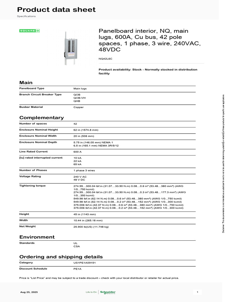 Schneider Electric NQ-Panelboards NQ42L6C | PDF | Electricity ...
