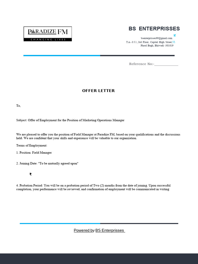 Employment Offer for Field Manager Position | PDF