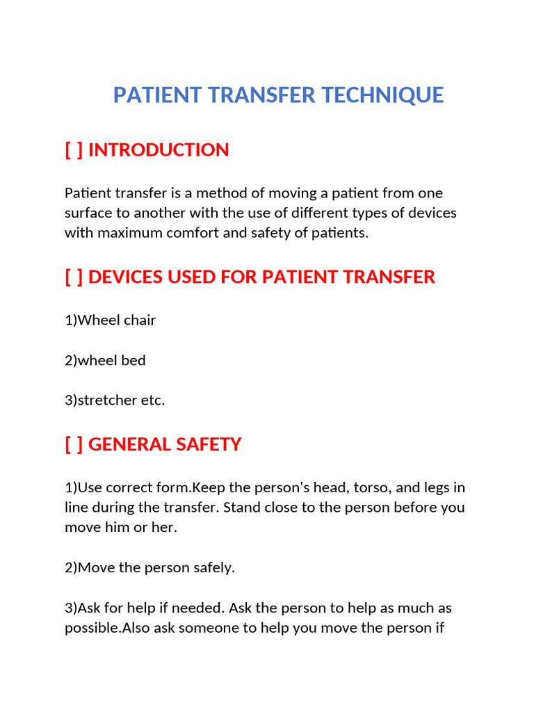 Patient Transfer Techniques and Safety | PDF