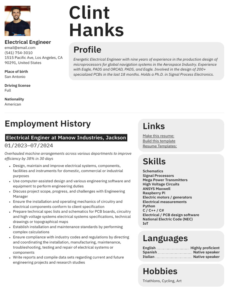 Electrical Engineer Resume Overview | PDF | Electrical Engineering ...
