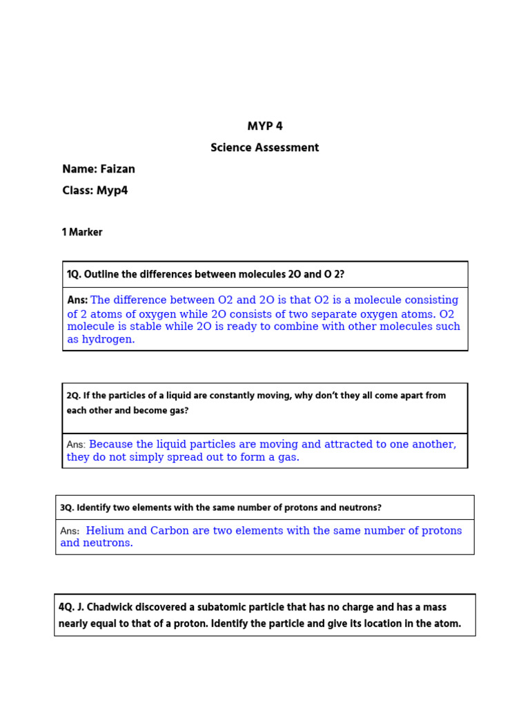 MYP 4 Science Assessment Overview | PDF | Atoms | Proton