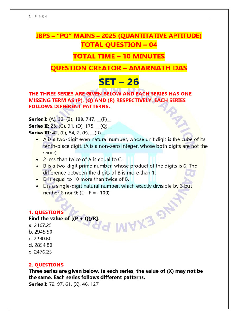 Ibps - "Po" Mains - 2025 (Quantitative Aptitude) Set 26 | PDF