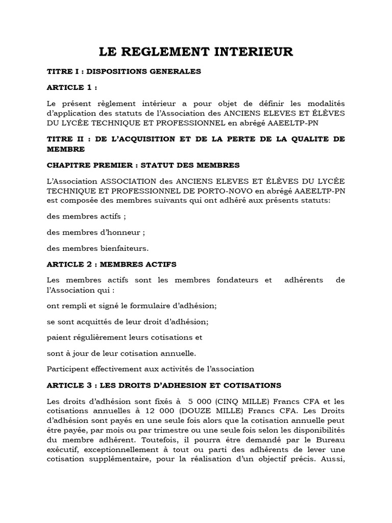 Règlement Intérieur de l'AAEELTP-PN | PDF | Président des États-Unis ...