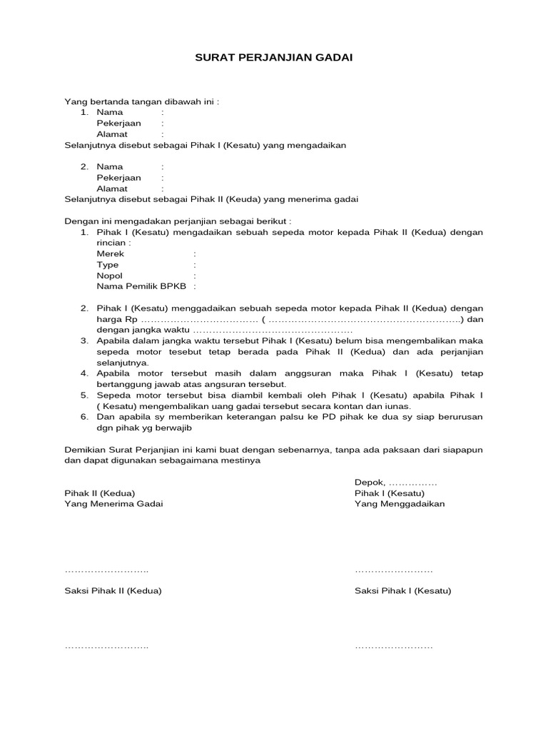 Surat Perjanjian Gadai Motor Singkat | PDF