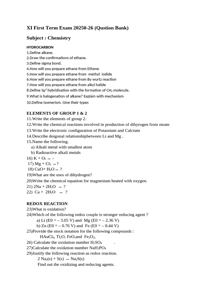 Xi First Term Exam 2025 Question Bank | PDF
