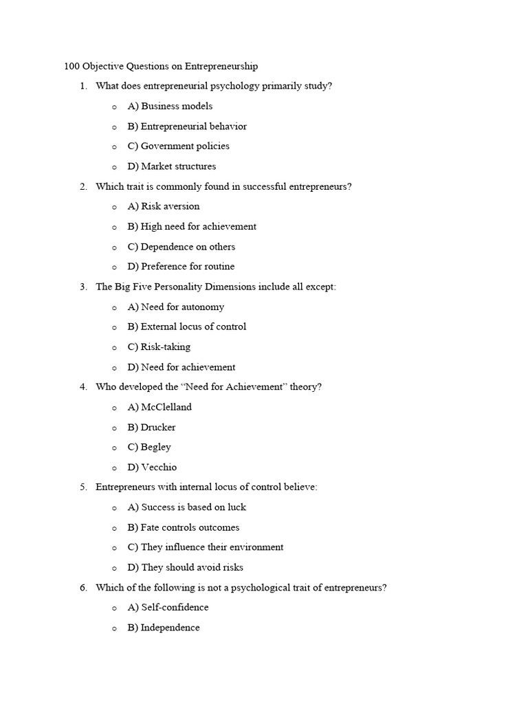 100 Entrepreneurship Objective Questions | PDF | Entrepreneurship | Risk