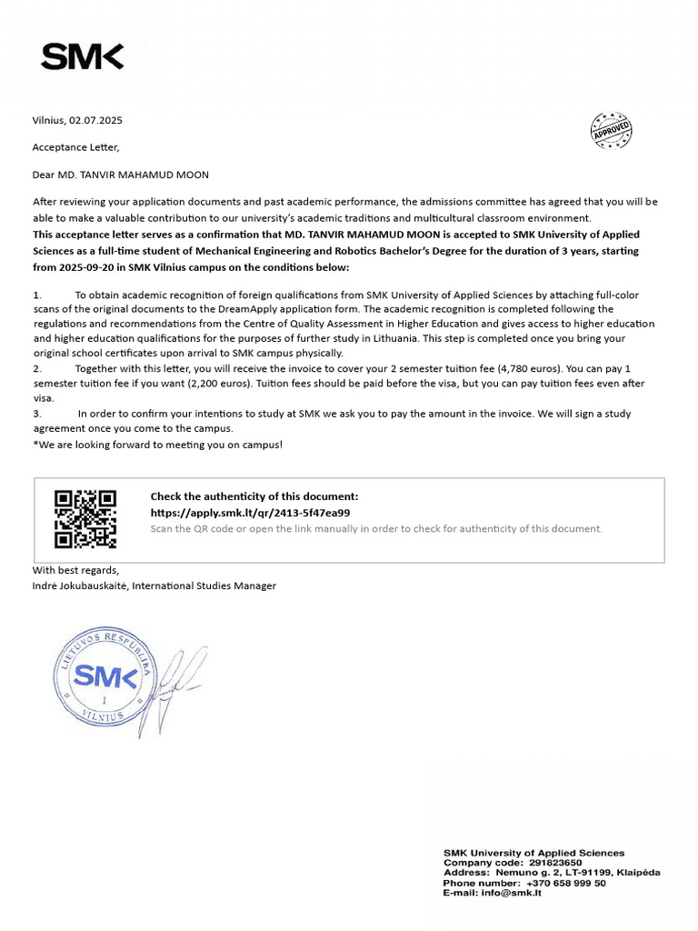 Conditional Acceptance Letter (MD Tanvir Mahamud Moon) | PDF