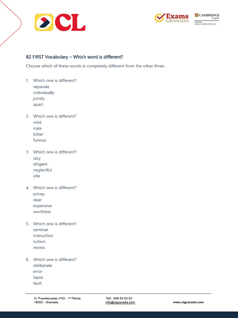 b2 First Vocabulary - Which Word Is Different | PDF