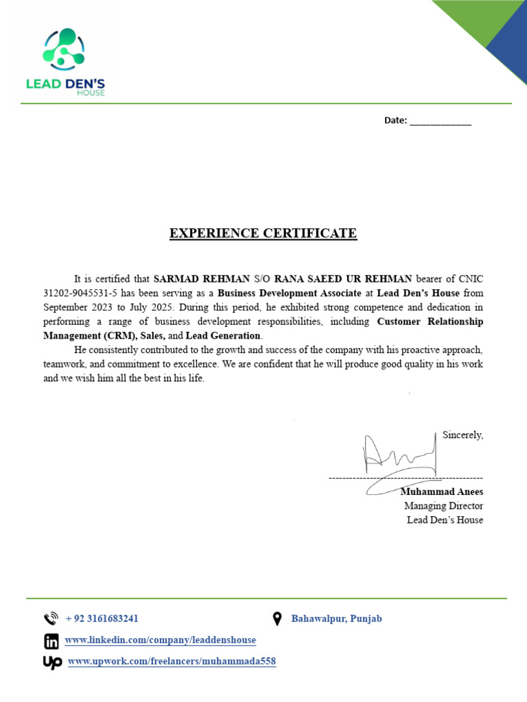 Experience Certificate for Sarmad Rehman | PDF