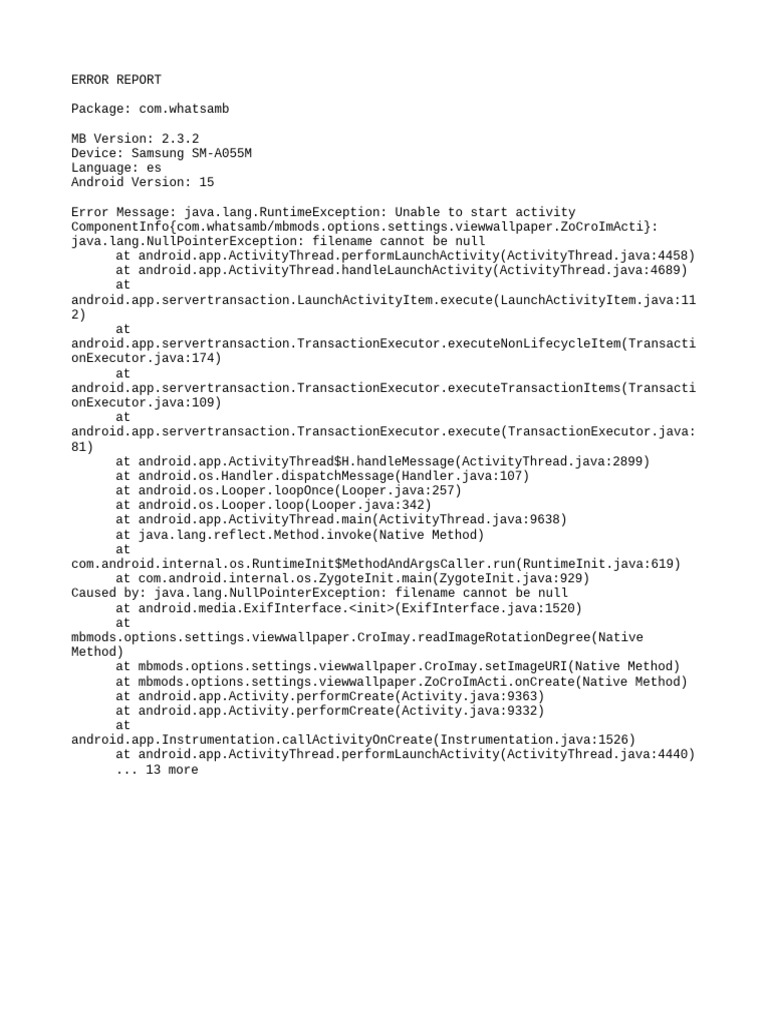 WhatsAmb App Error Report: NullPointerException | PDF