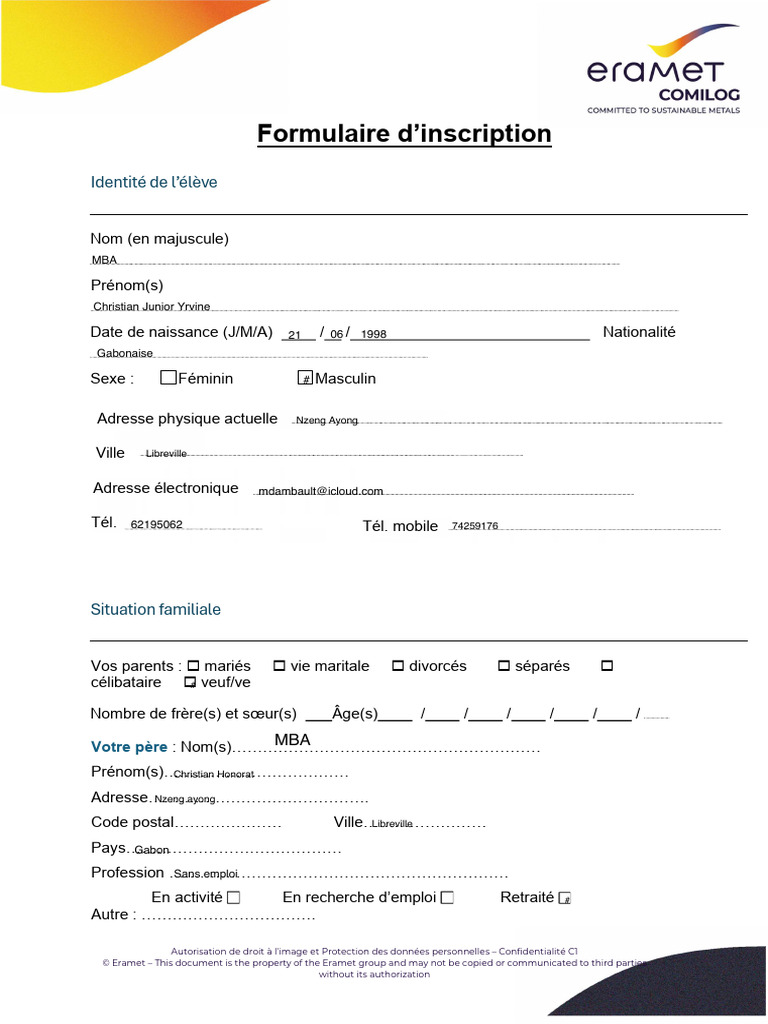 Formulaire d'inscription et autorisations | PDF