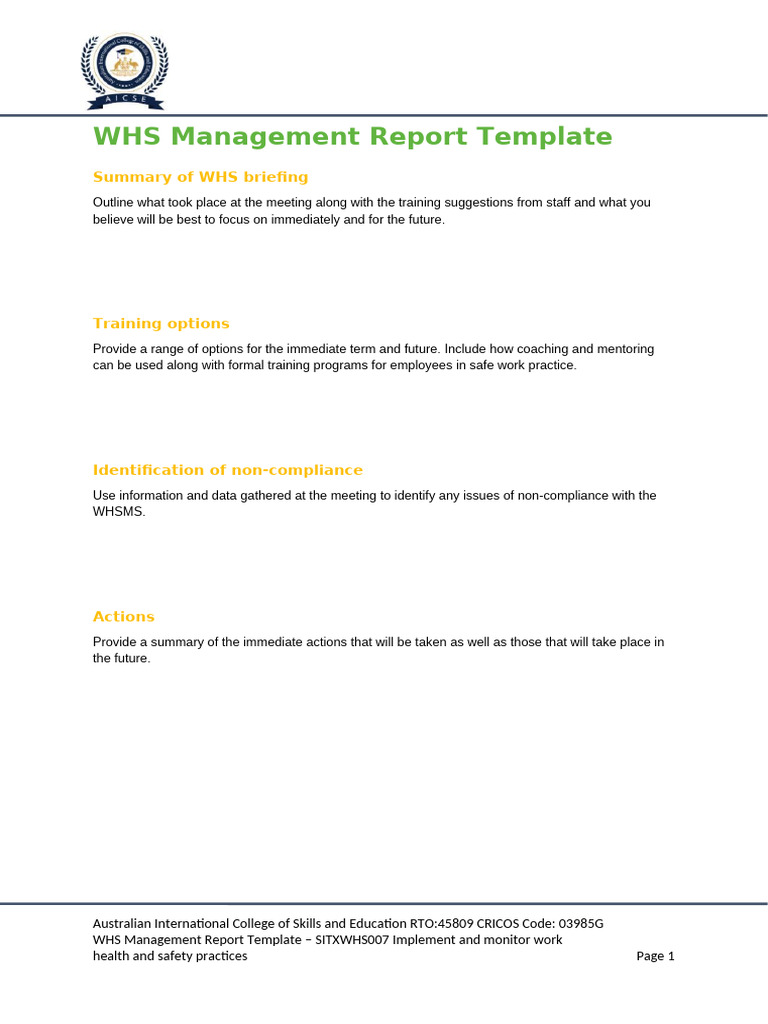 WHS Management Report Overview | PDF