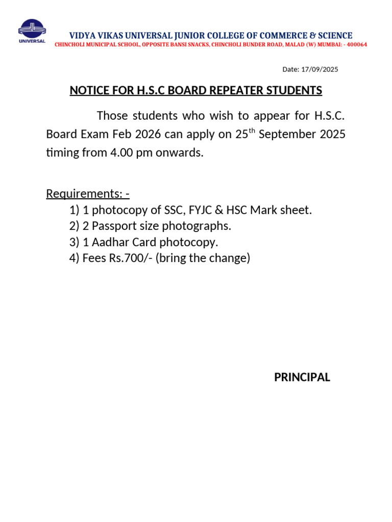 H.S.C. Board Exam Registration Notice | PDF
