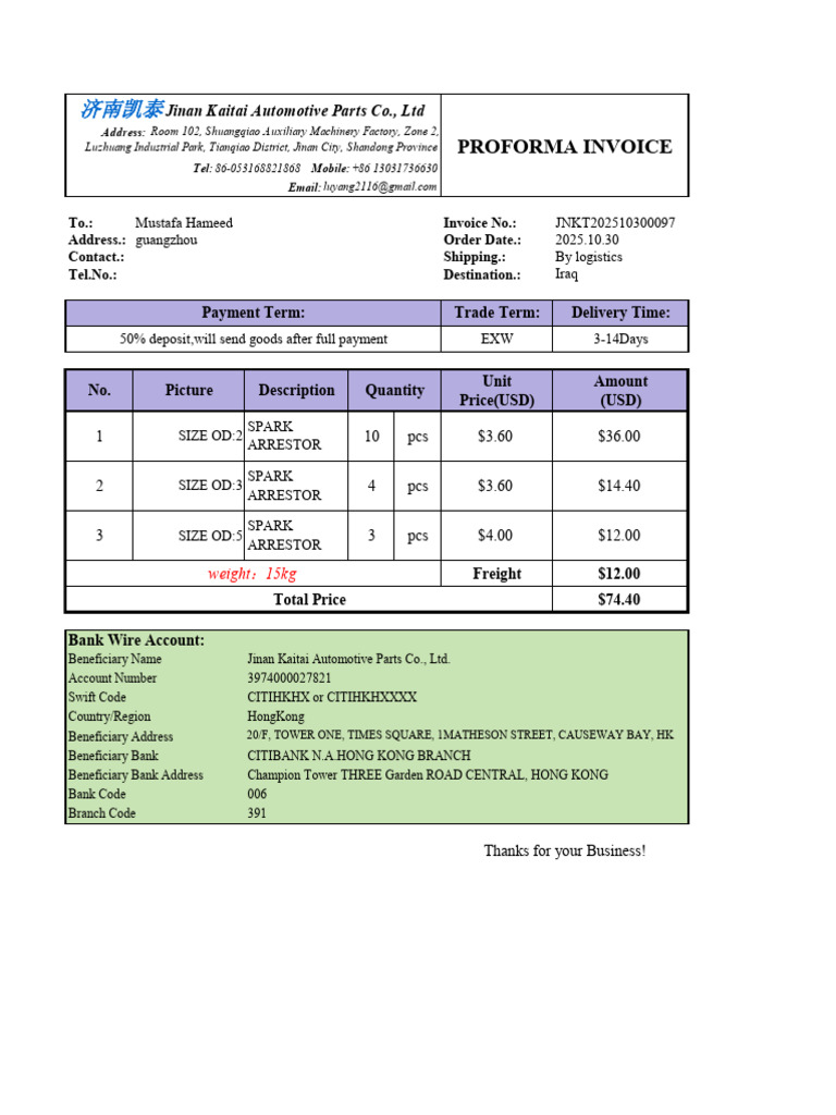 Jinan Kaitai Proforma Invoice Details | PDF