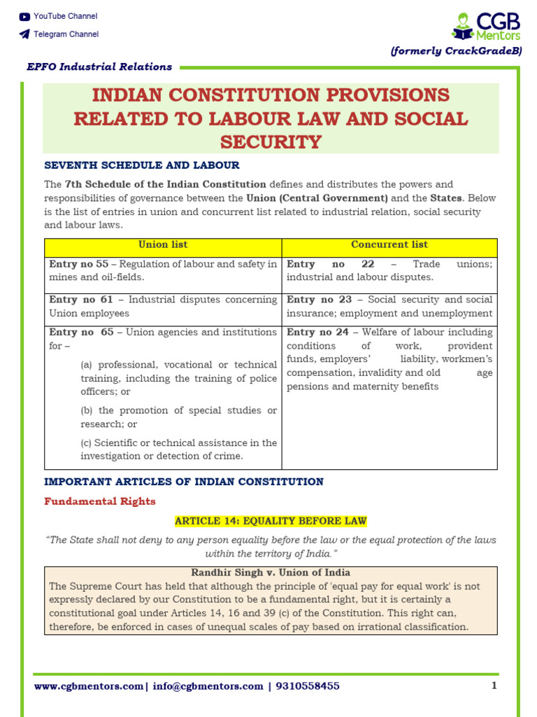 Indian Labour Law & Constitution Overview | PDF | Employment | Labour Law