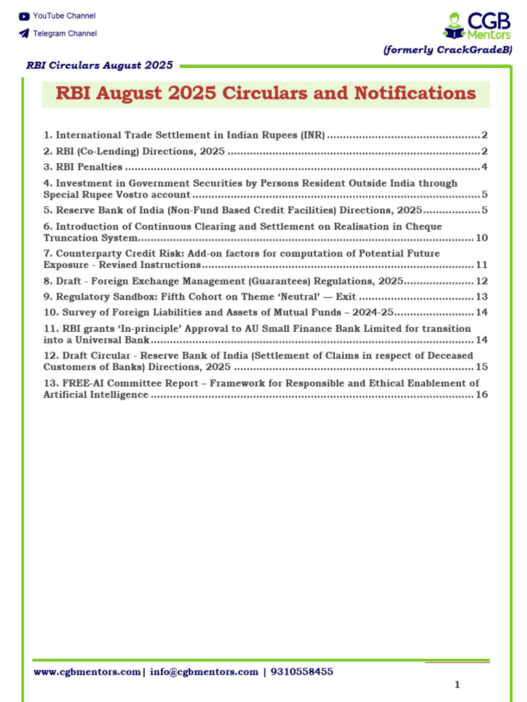 RBI Circulars August 2025 Overview | PDF | Guarantee | Reserve Bank Of ...