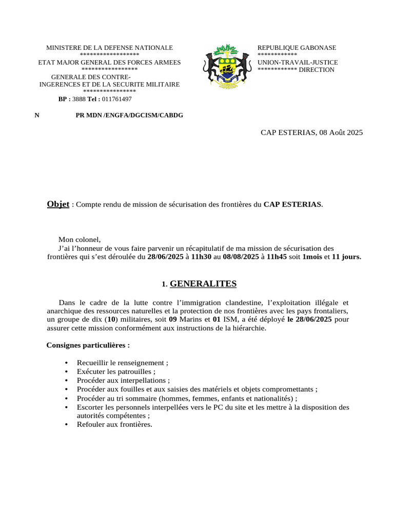 Compte Rendu Mission Sécurisation Frontières | PDF | Militaire