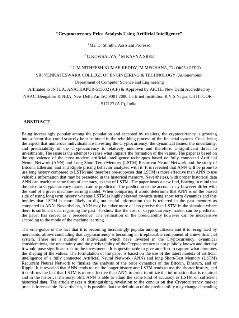 Cryptocurrency Price Analysis Using Artificial Intelligence | PDF ...
