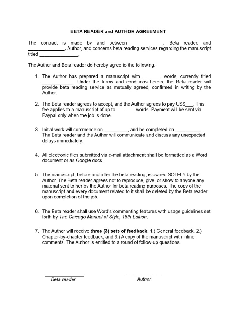 Beta Reader and Author Agreement Template | PDF