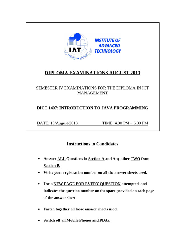 August 2013 Java Programming Exam | PDF | Integer (Computer Science ...