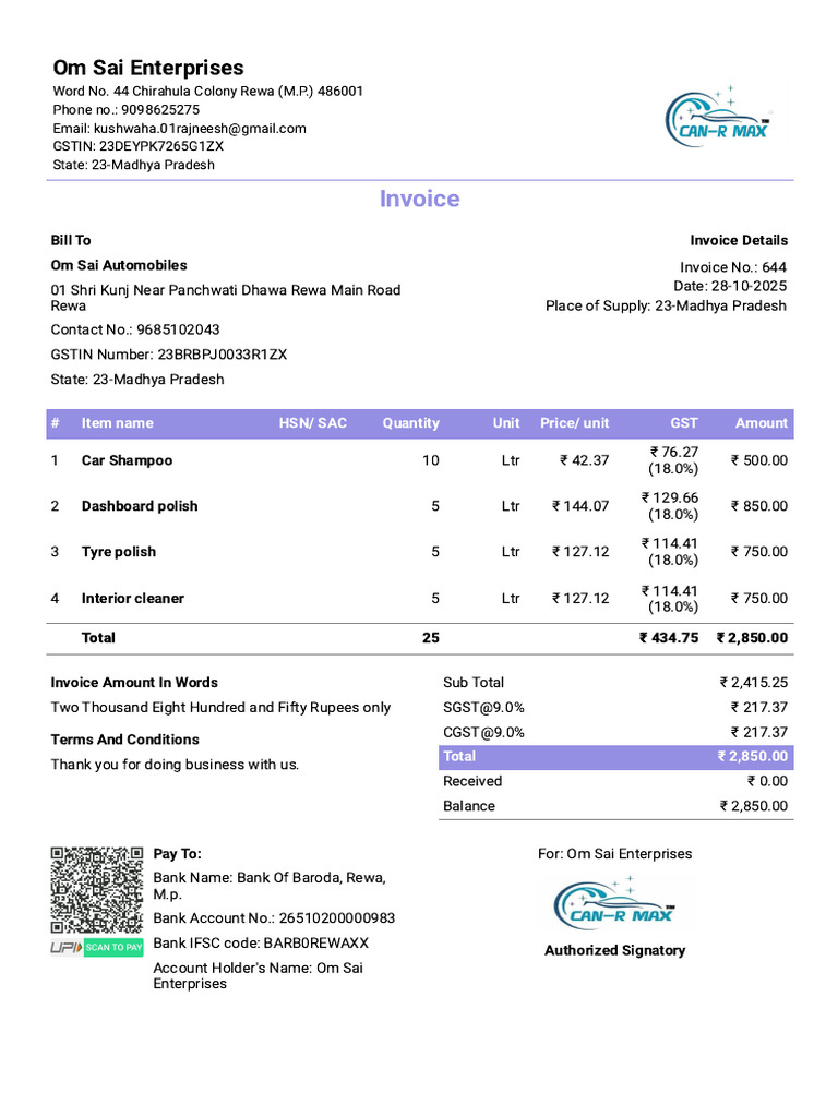 Invoice for Om Sai Enterprises Services | PDF | Numismatics | Currency