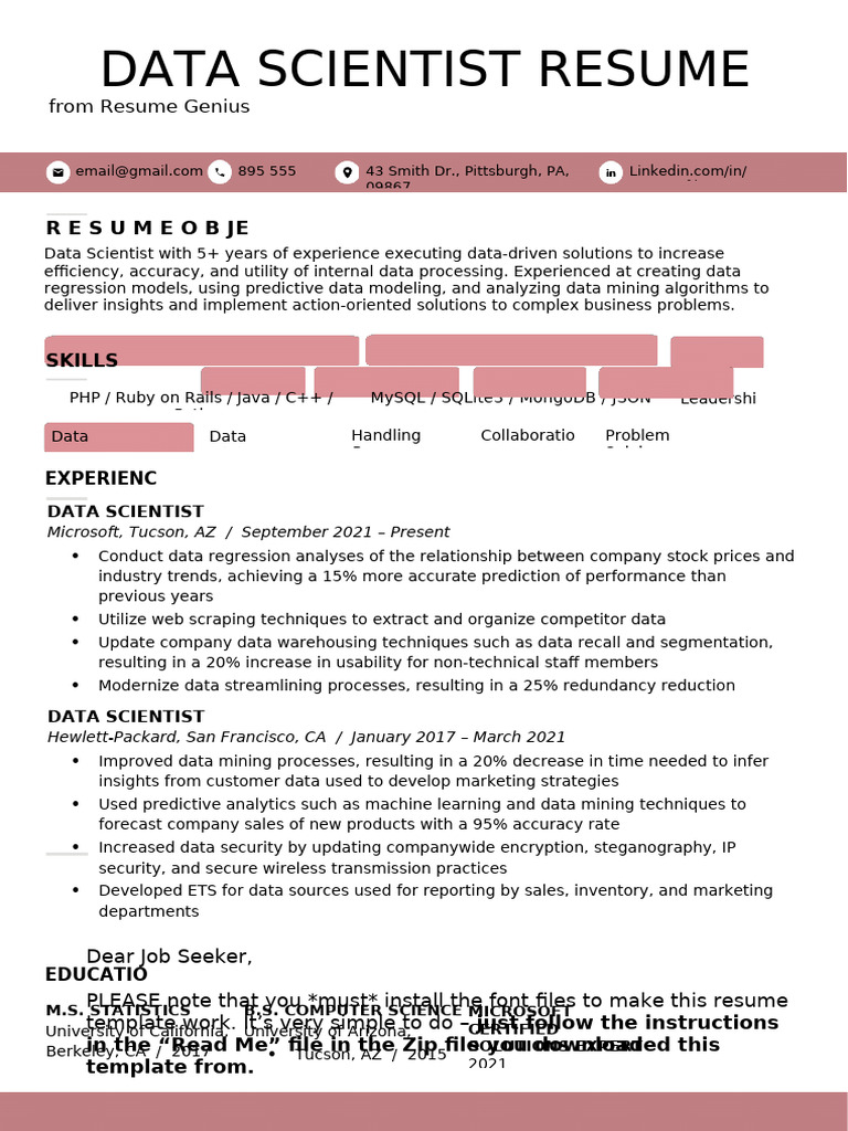 Data Scientist Resume Sample - Advanced Pink | PDF | Résumé ...