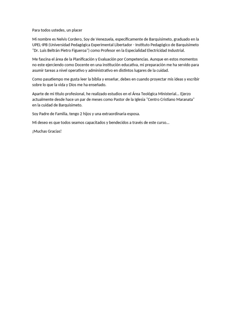 Presentación de Nelvis Cordero, Pastor y Educador | PDF