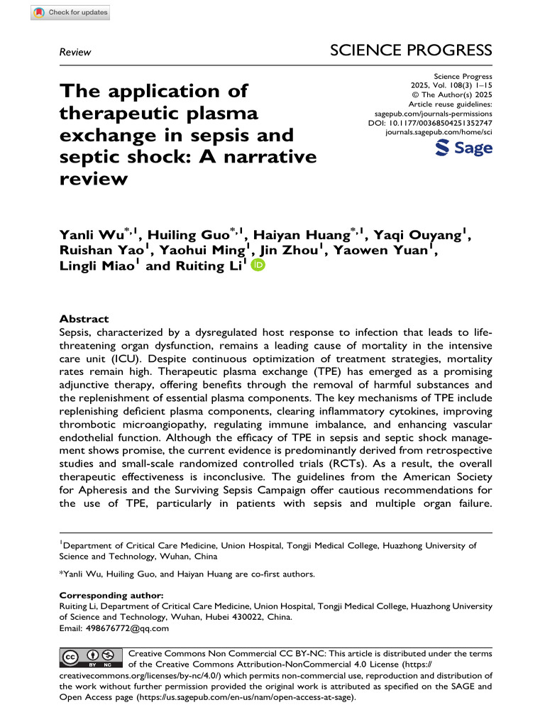 Wu Et Al 2025 The Application of Therapeutic Plasma Exchange in Sepsis ...
