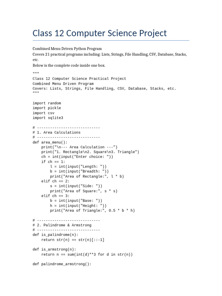 Class 12 Python Project: Menu Programs | PDF | Computing | Computer ...