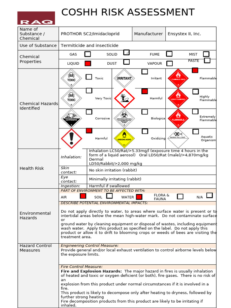 COSHH Risk Assessment for Prothor SC2 | PDF | Toxicity | Personal ...