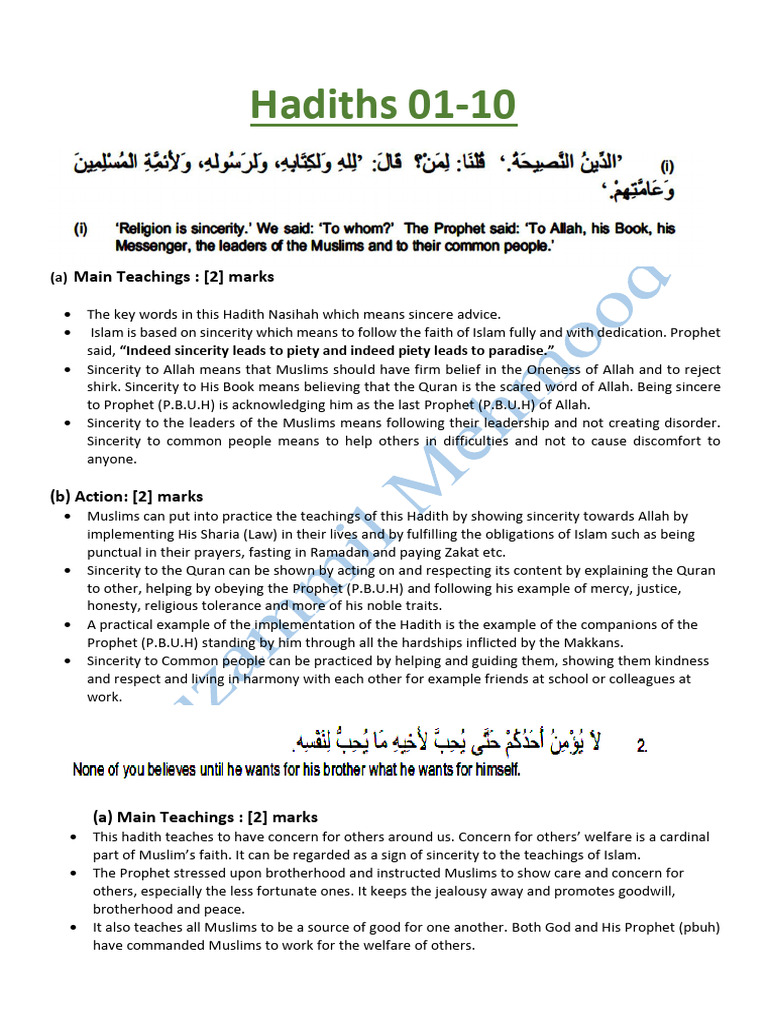 Key Teachings of Hadiths 1-10 | PDF | Hadith | Muhammad