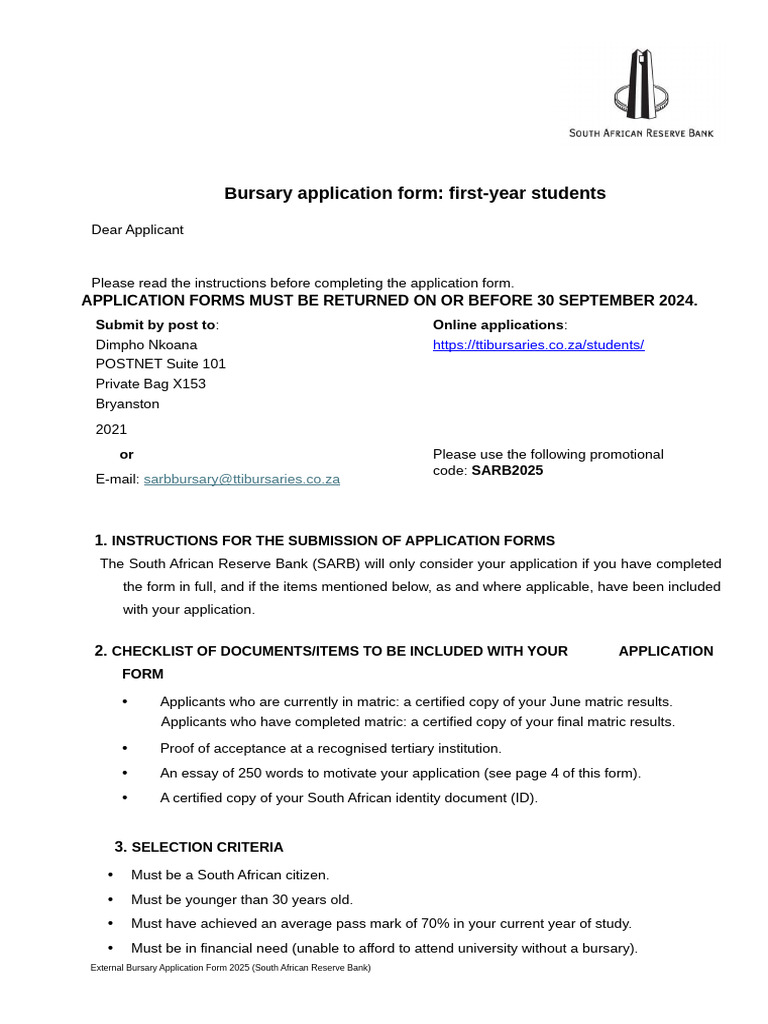 SARB Bursary Application Form 2025 | PDF