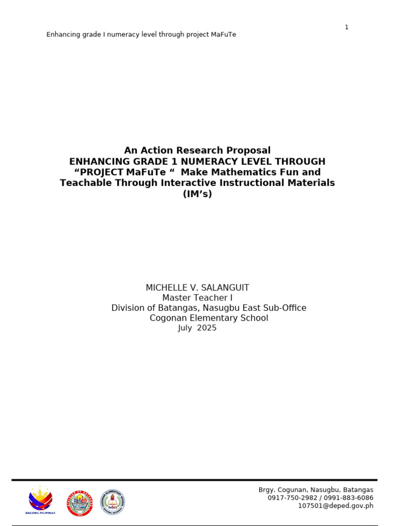 Grade 1 Math Improvement via Project MaFuTe | PDF | Learning ...