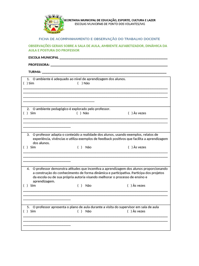 FICHA DE ACOMPANHAMENTO E OBSERVAÇÃO DO TRABALHO DOCENTE | PDF | Lição ...
