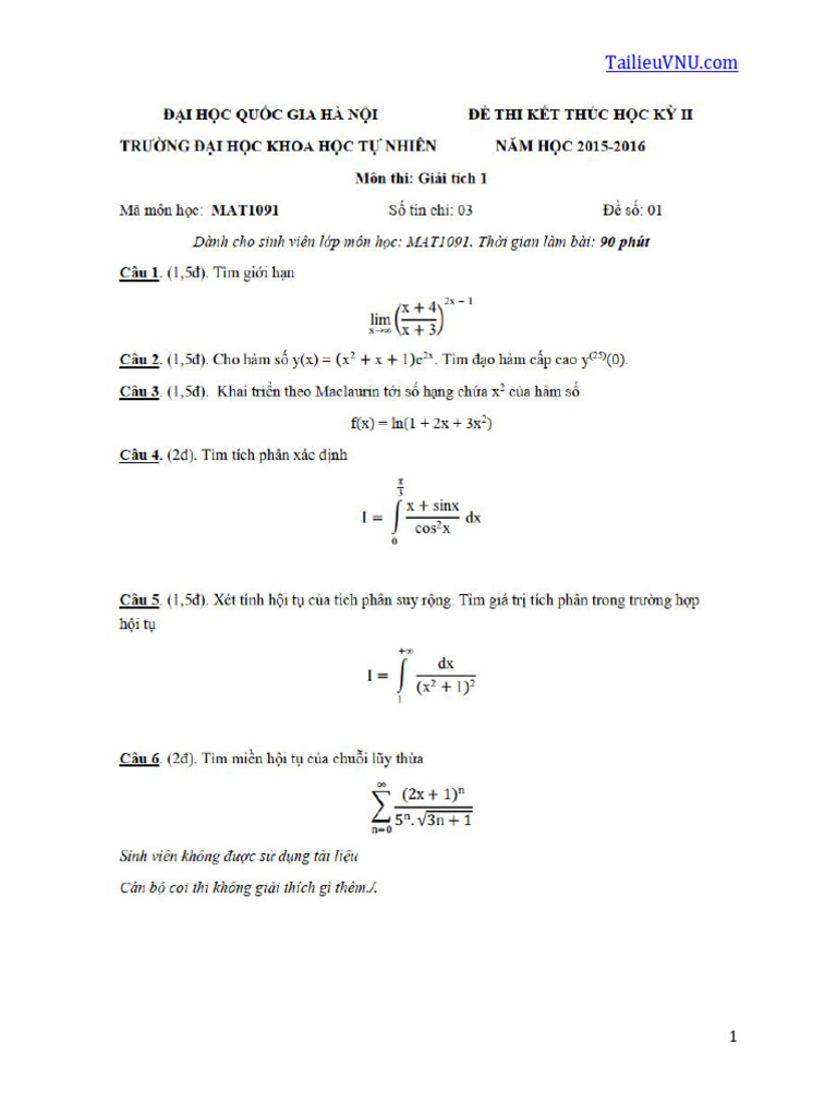 De Thi Giai Tich 1 de So 1 Ky 2 Nam Hoc 2015 2016 HUS | PDF