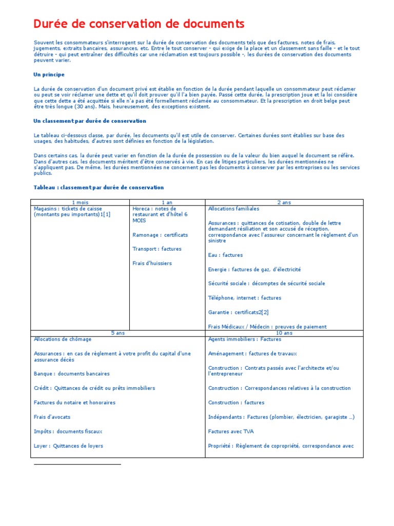 Durée de conservation des documents essentiels | PDF | Assurance | Facture