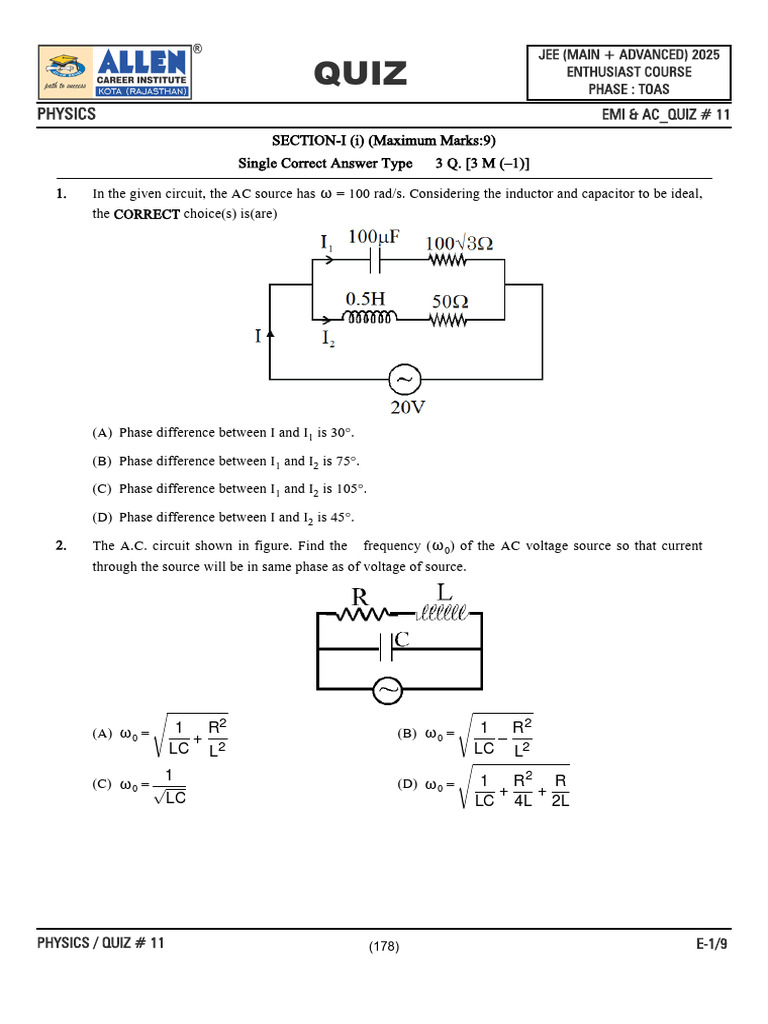 JEE 2025 Physics Quiz on AC Circuits | PDF | Inductor | Inductance