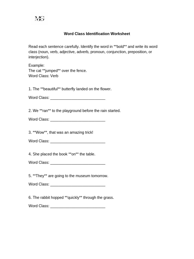 Word Class Identification Exercise | PDF