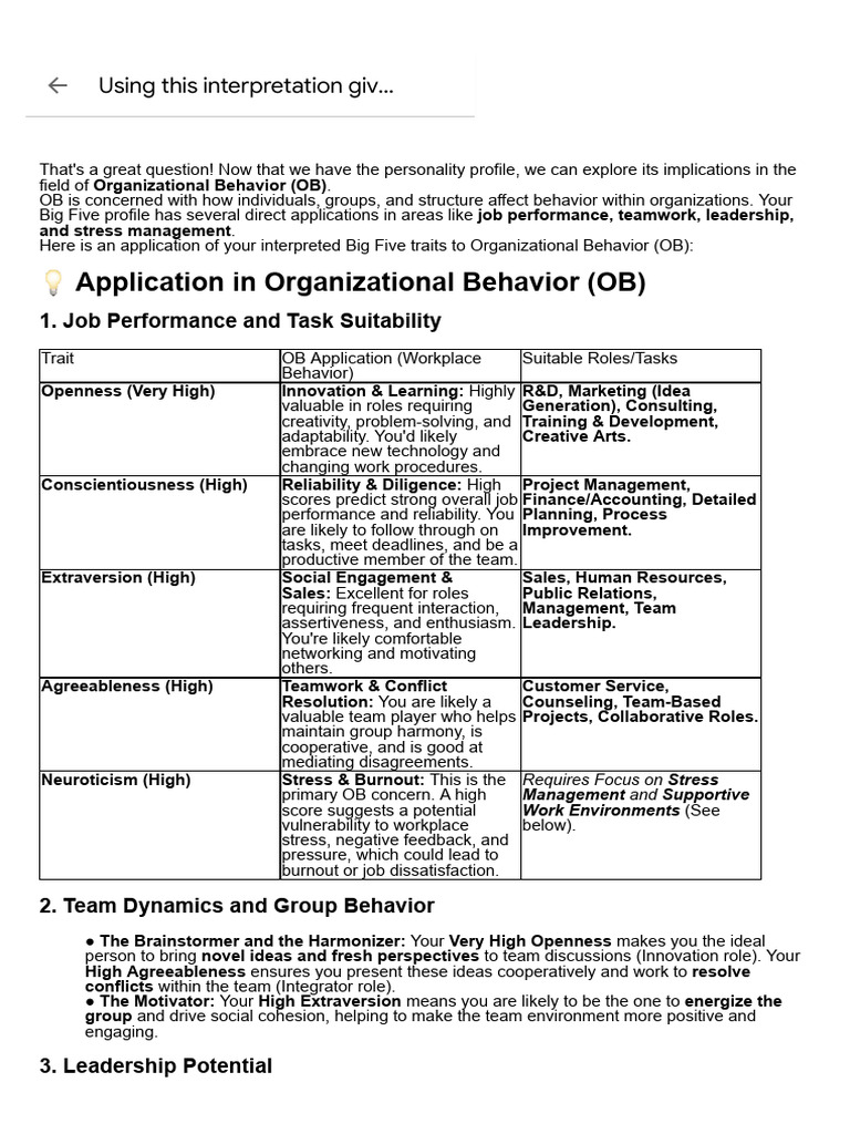 Big Five Traits in Organizational Behavior | PDF | Leadership | Psychology