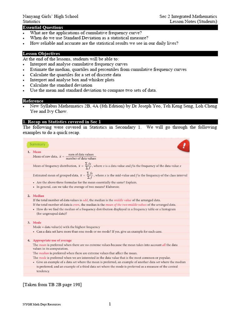 Sec 2 Statistics Lesson Notes | PDF | Quartile | Descriptive Statistics
