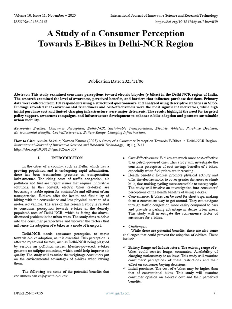 A Study of A Consumer Perception Towards E-Bikes in Delhi-NCR Region ...