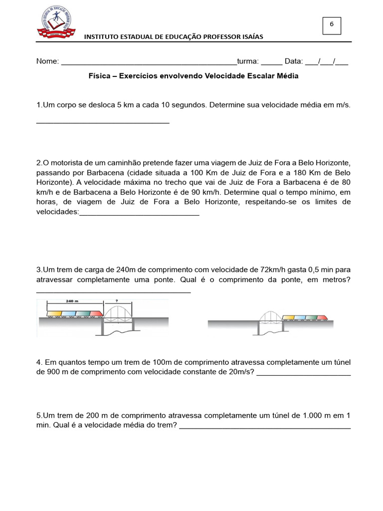 Exercícios de Velocidade Escalar Média | PDF | Velocidade